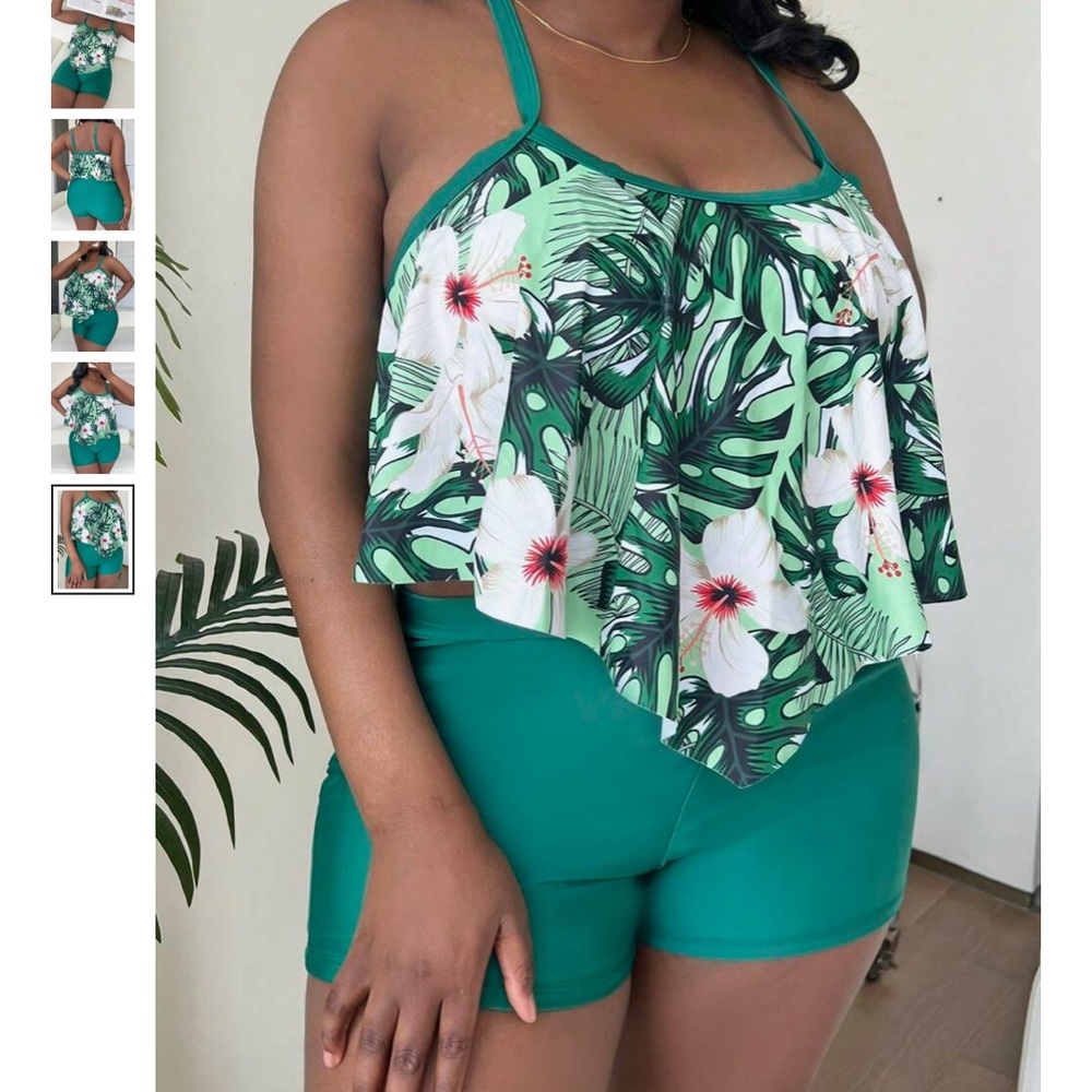 Tropical Print Green Tankini Set